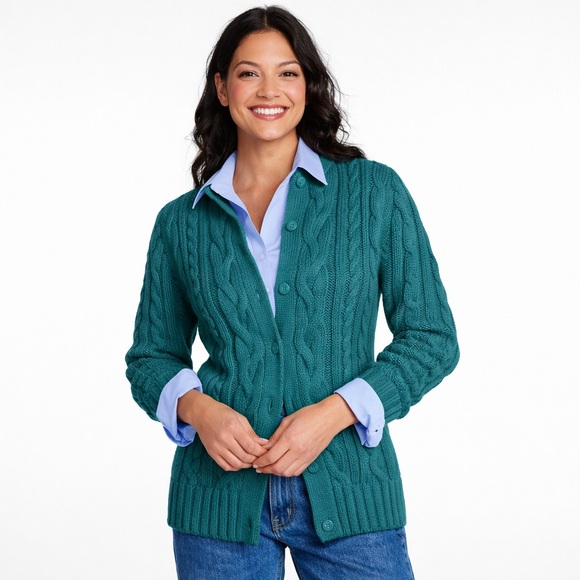 L.L. Bean Sweaters - LL BEAN Cotton Cable Knit Button-Front Cardigan Teal Green Size Large Spring